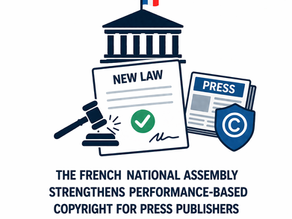 French National Assembly image: "New Law" document, gavel, press, copyright symbol, and tricolor flag. Text relates to copyright for press.