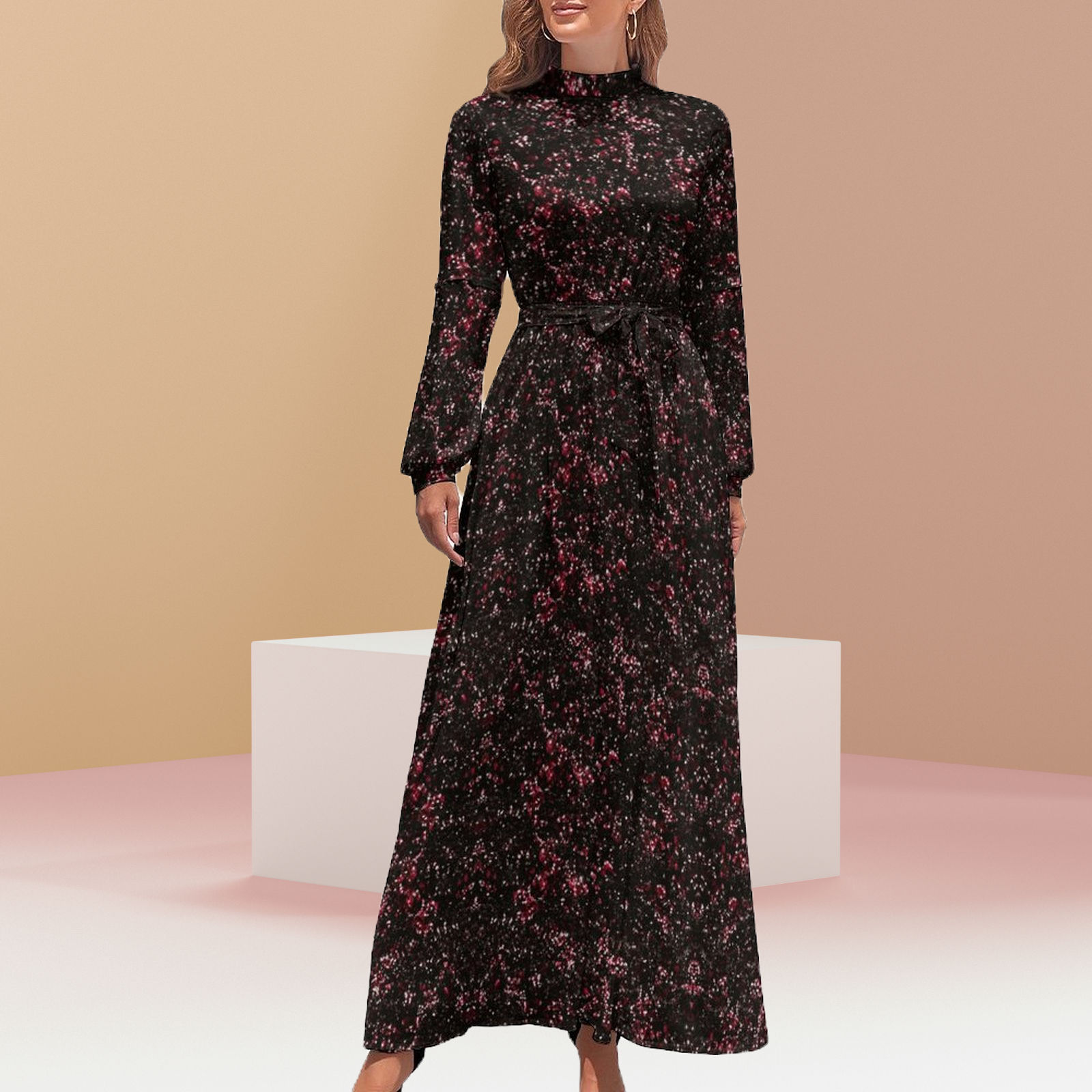 Heavenly Garnet - High Neck Long dress Long Sleeve High Neck Long Dress