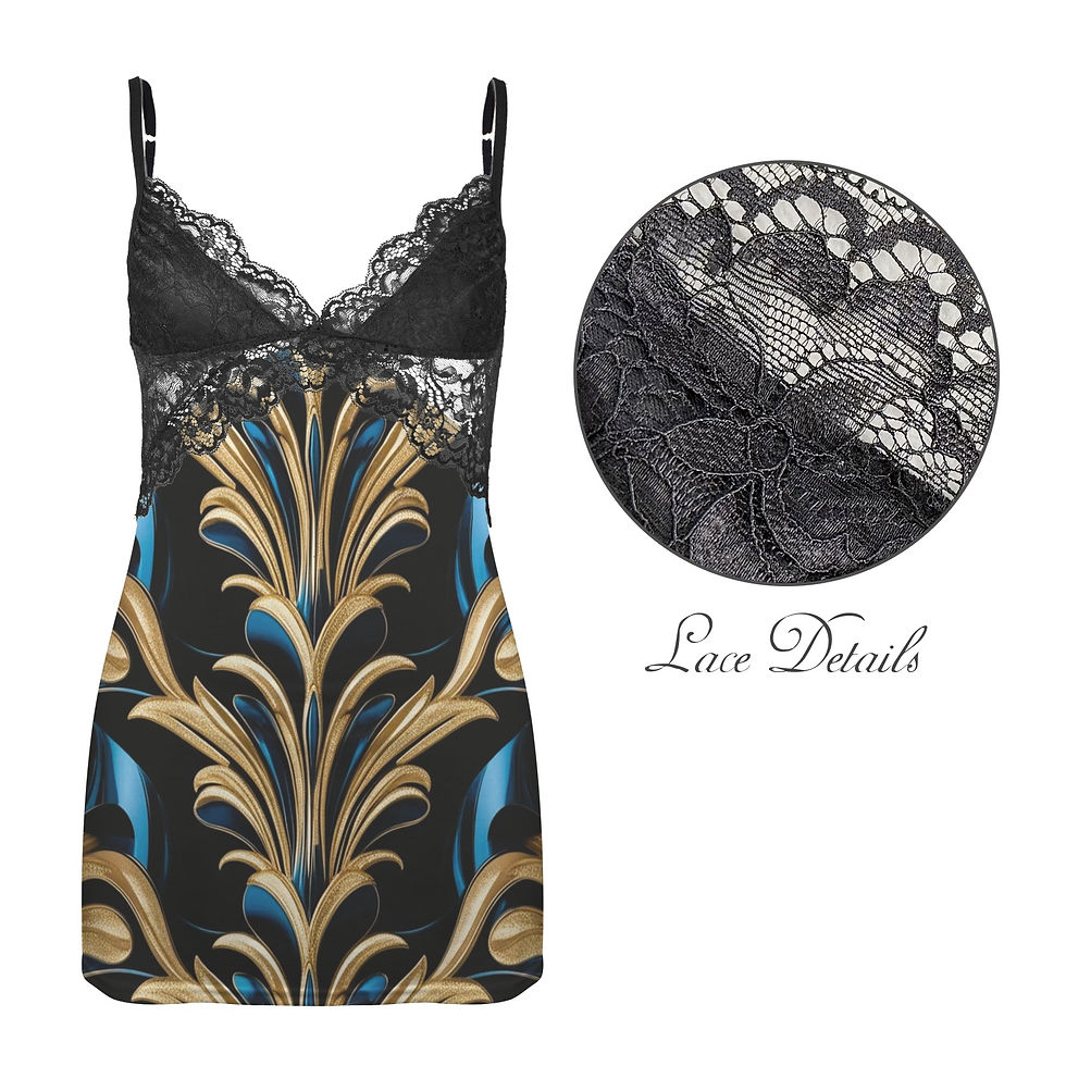 Model wearing Sapphire dreams Lace Low Cut Backless Cami Dress with blue sapphire and gold colour print