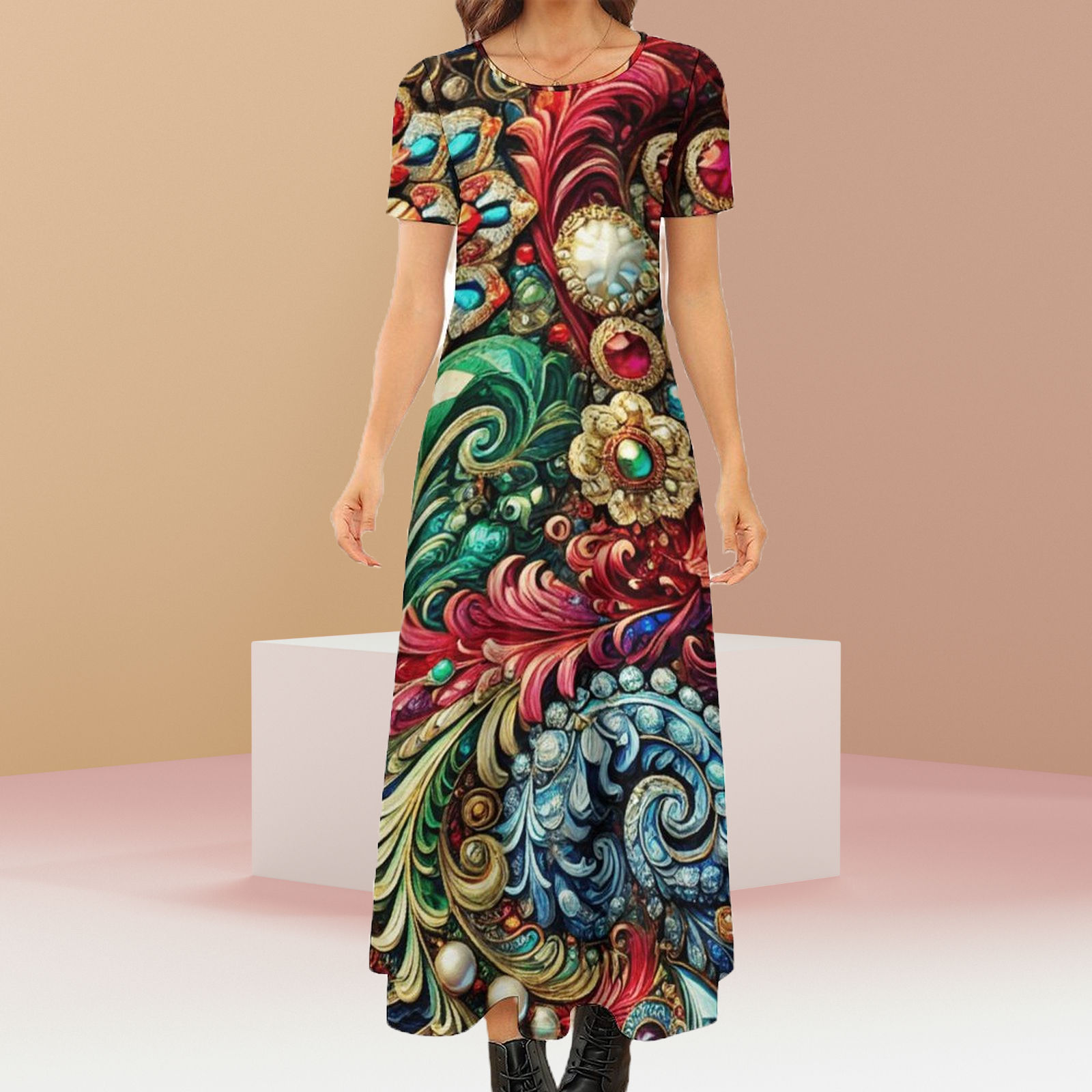 Gemstone symphony - Round neck short sleeve, long dress