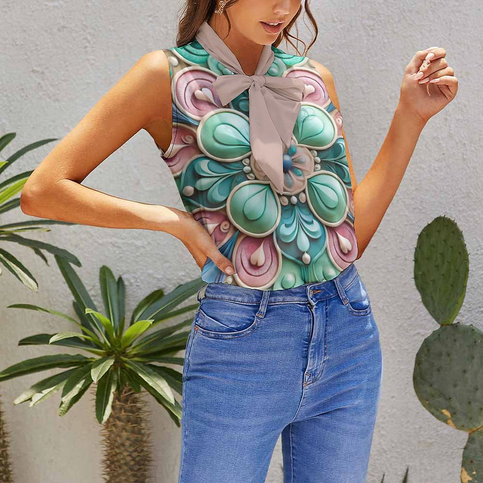 Model wearing Dreamy Pastels - Women's Sleeveless Top in a playful pastel pink, turquoise and purple pattern