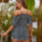 Model wearing Women's Blue Majesty chiffon Off-Shoulder Camisole Top