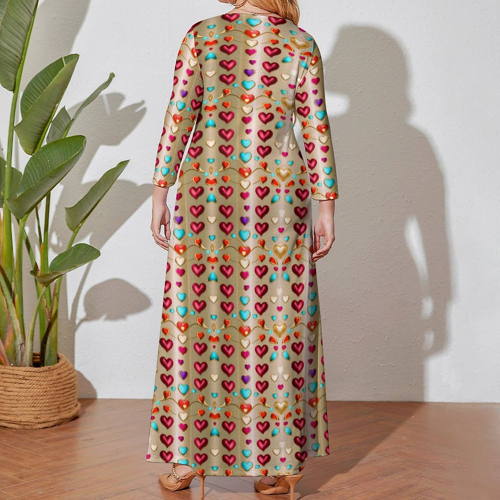 Plus size model wearing long sleeve dress with golden background adorned with love hearts in red, blue, pink, cream & purple
