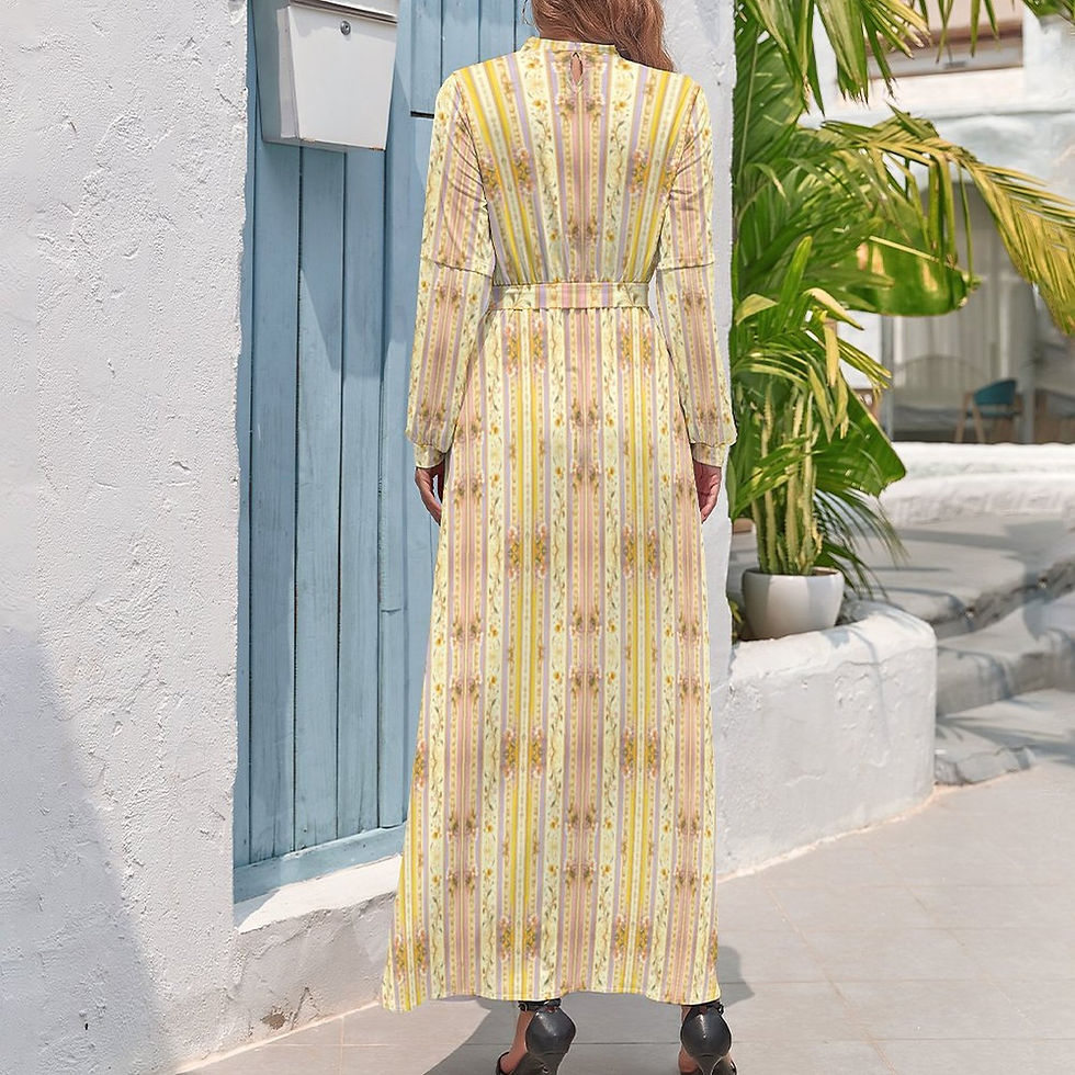 Model wearing the Dainty Wallflower High neck, long sleeve long dress with charming design in soft yellow & purple highlights