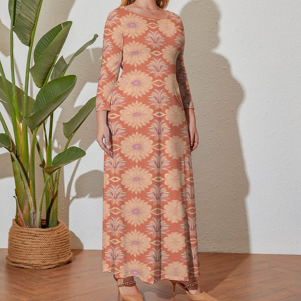 Thumbnail: Model wearing an flattering peach perfect long plus size dress with long sleeves