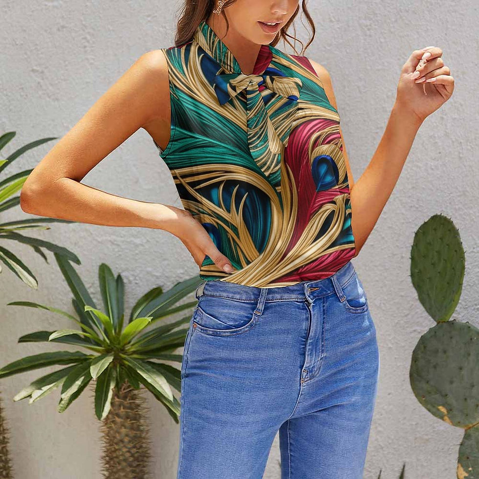 Thumbnail: Model wearing Pleasantly Peacocking Women's Sleeveless Top with neck tie