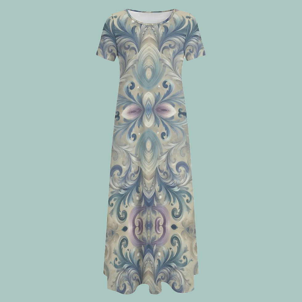 Thumbnail: Iridescent drift off-white Round neck short sleeve, long dress - blue & purple