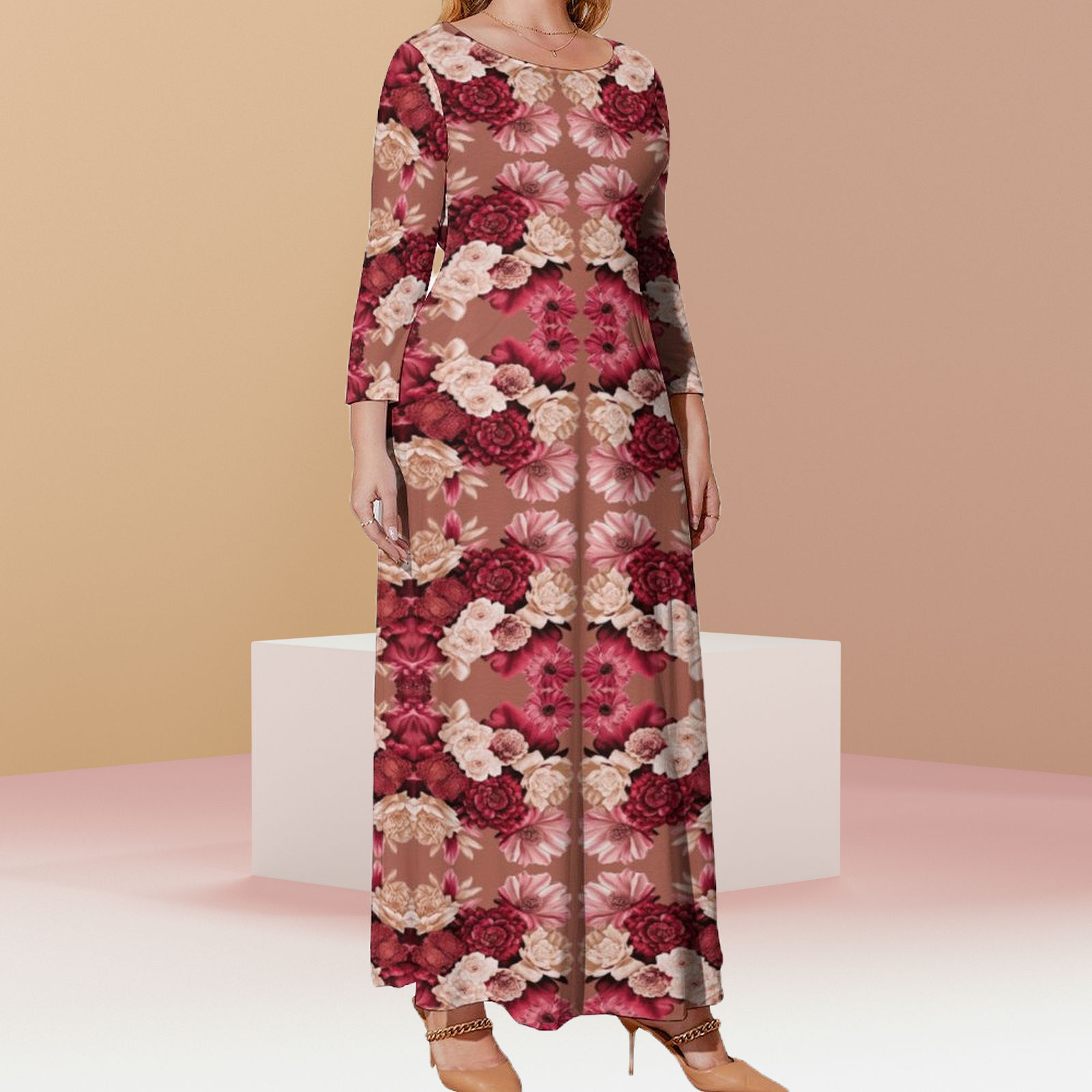 Flower Patch - Long sleeved dress Plus Size Loose-Fit Long Sleeve Dress