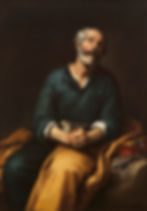 A painting of the apostle Peter, sitting with hands folded and eyes looking heavenward