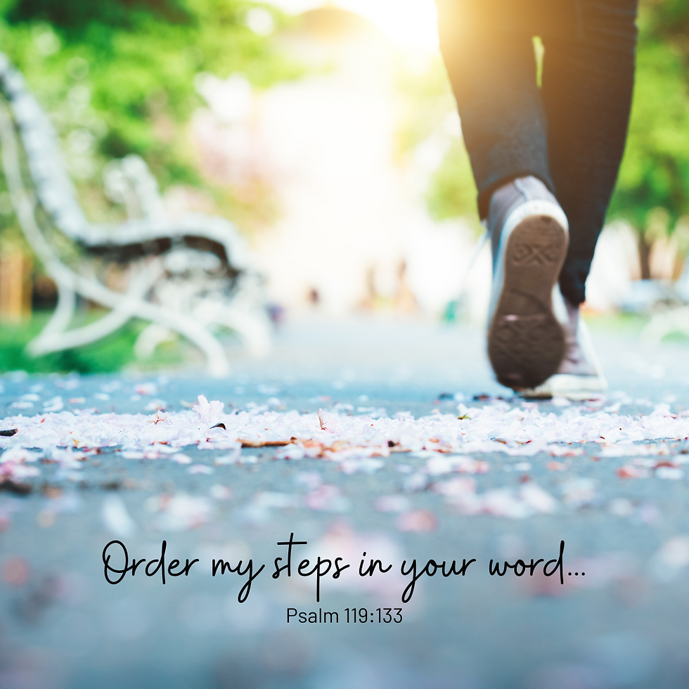 a view of someone's feet as they walk through a park, and Bible verse Psalm 119:33: Order my steps in your word.