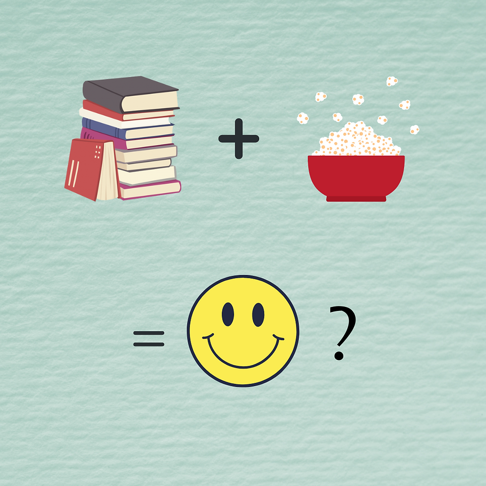 a pictoral equation of books plus a bowl of popcorn equals a happy smiley face