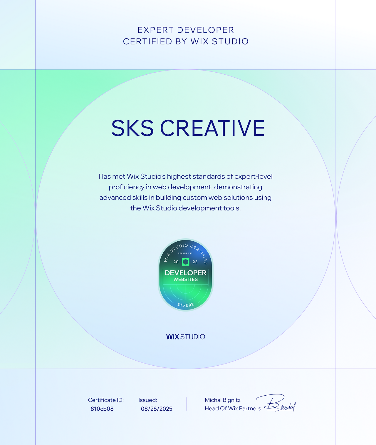 SKS Creative Expert Developer Certified by Wix Studio. SKS Creative Joins the First Round of Wix Studio League Certifications!