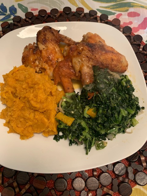 Hot Chicken Wings, Sauté Kale & Sweet Potato Soufflé