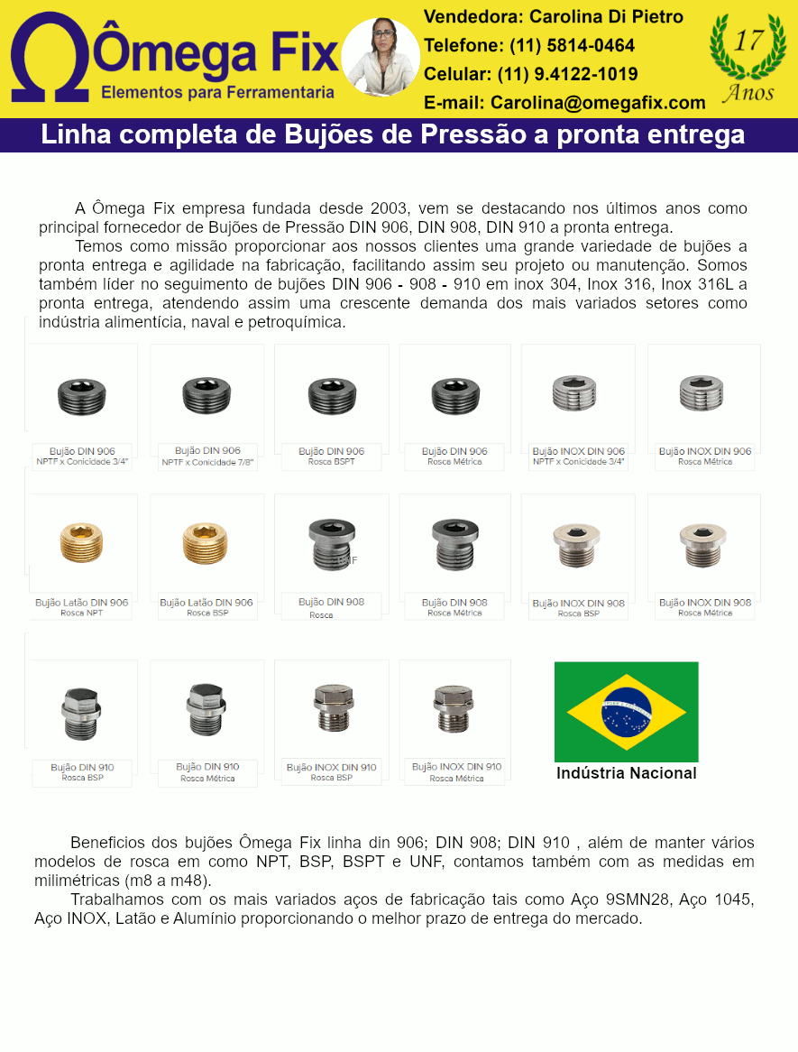 Bujão de Pressão DIN 906, DIN 908 e DIN 910