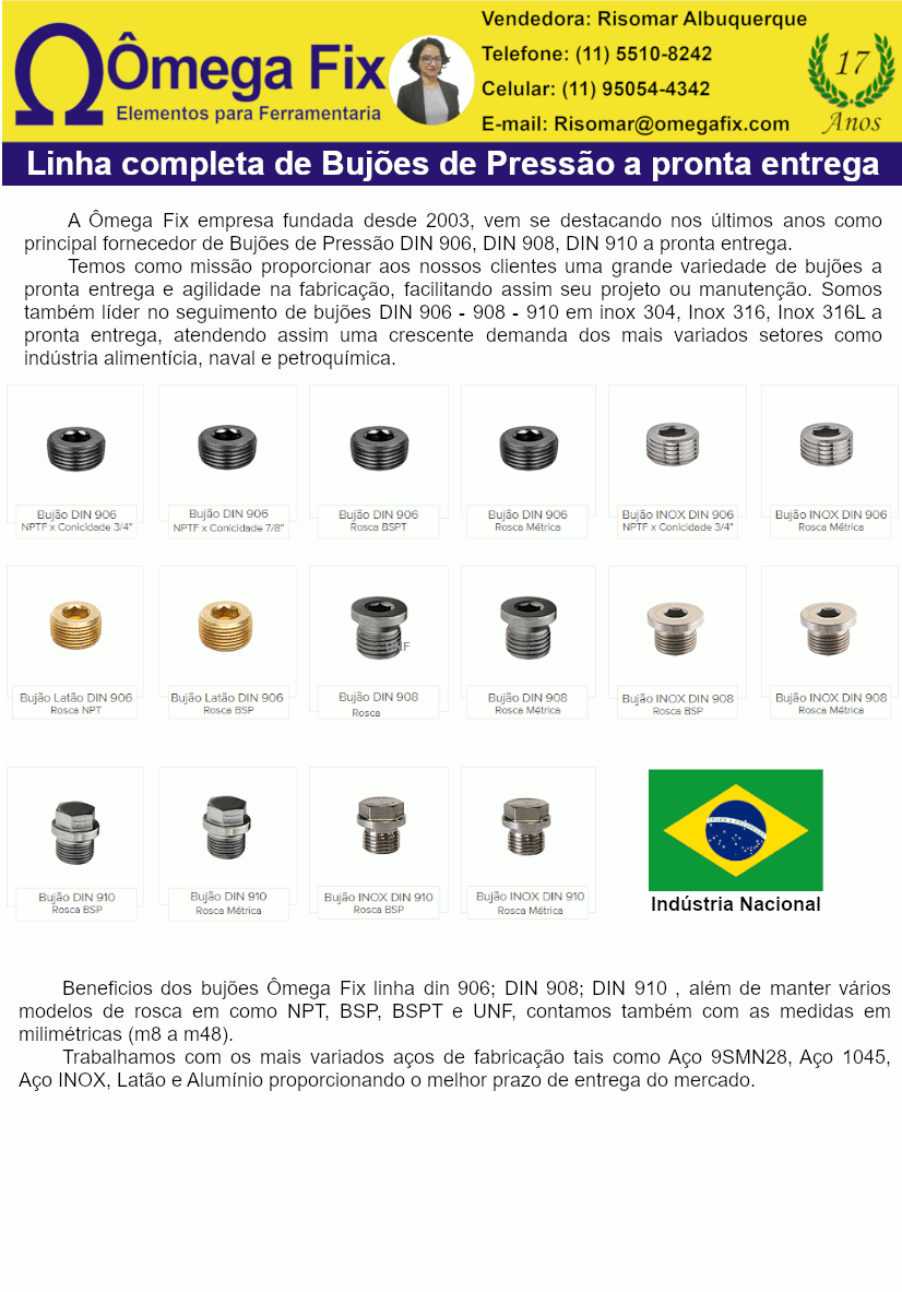 Bujão de Pressão DIN 906, DIN 908 e DIN 