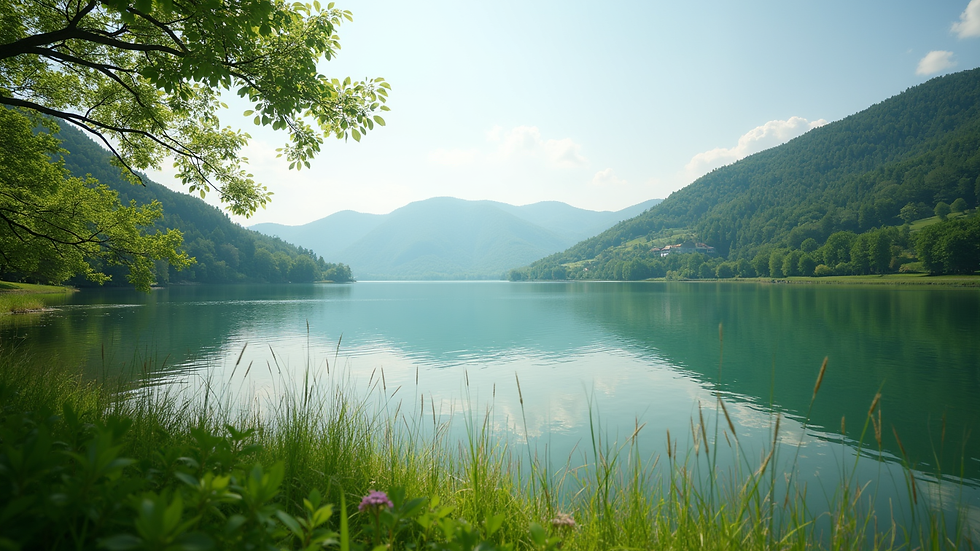 Wide angle view of Lake Balaton with lush greenery