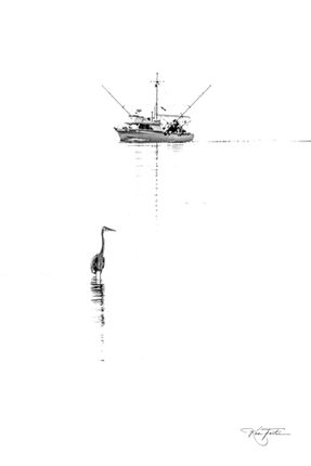 Heron and fishing boat on calm water, minimalist black and white photo.