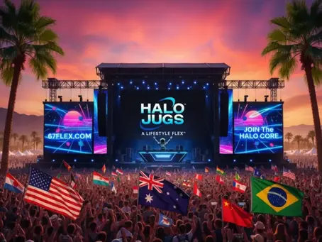 A diverse crowd at a music festival facing a main stage featuring the Halo JuGs logo, promoting the A Lifestyle Flex™ insulated water bottle.