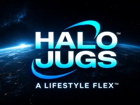 Halo JuGs premium hydration hardware brand logo featuring Earth background during product pre-launch.