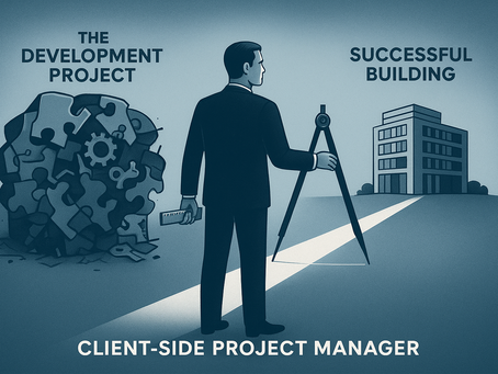 A professional, conceptual image illustrating a Client-Side Project Manager (CSPM)—represented by a person in business attire—standing firmly in the center. On one side, there is a large, fragmented puzzle or complex machine labeled "The Development Project" with missing pieces and tangled parts, symbolizing risk and complexity. On the other side, the CSPM is using a compass and ruler to connect the fragmented pieces and lay out a clear, straight, illuminated path to a successful, completed building on the horizon.