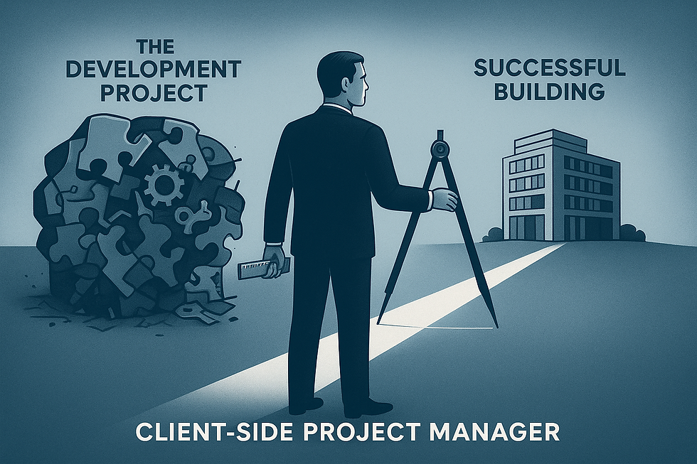 A professional, conceptual image illustrating a Client-Side Project Manager (CSPM)—represented by a person in business attire—standing firmly in the center. On one side, there is a large, fragmented puzzle or complex machine labeled "The Development Project" with missing pieces and tangled parts, symbolizing risk and complexity. On the other side, the CSPM is using a compass and ruler to connect the fragmented pieces and lay out a clear, straight, illuminated path to a successful, completed building on the horizon.