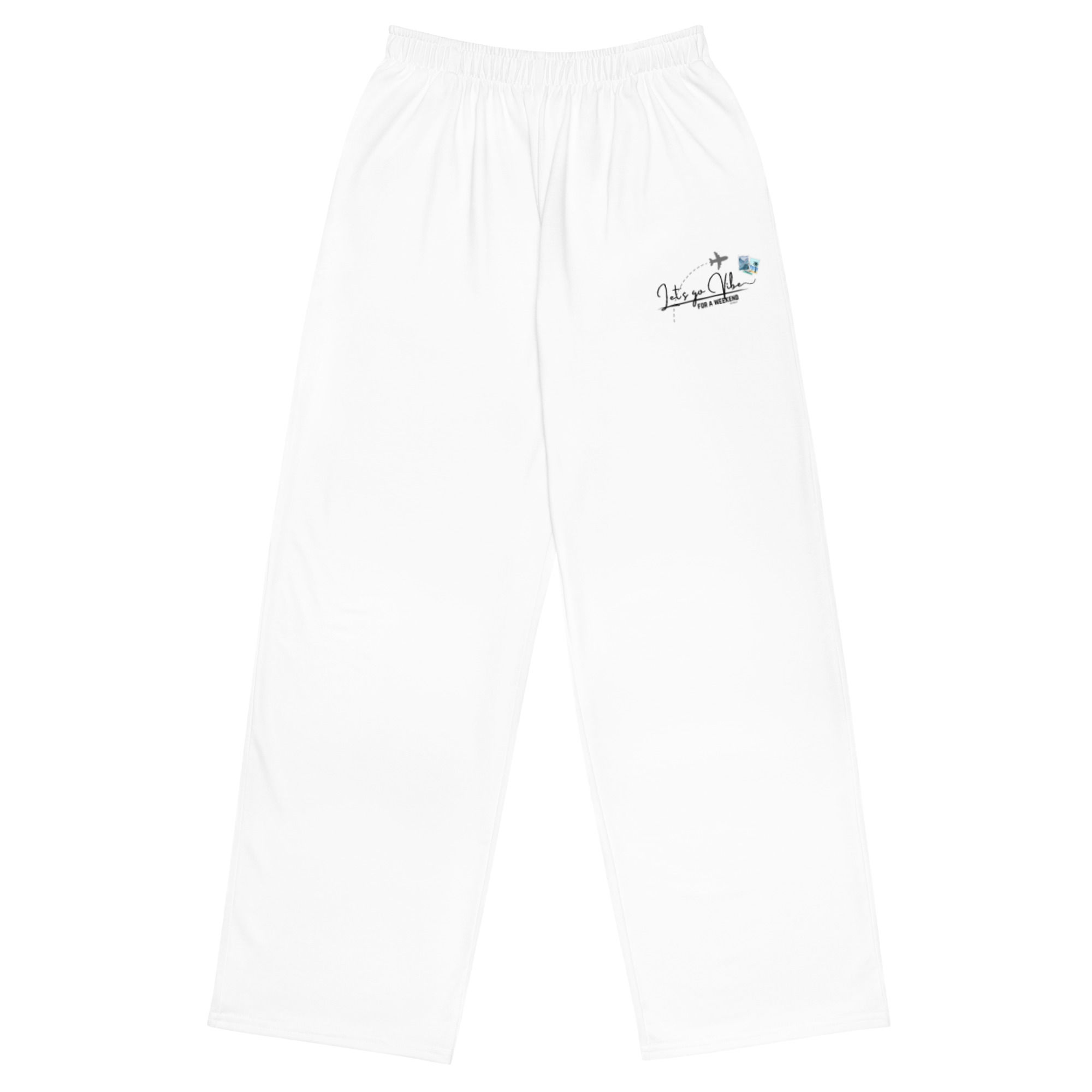 Wide-leg pants with relaxed fit, stretchy jersey fabric, elastic waistband, and pockets for everyday comfort.