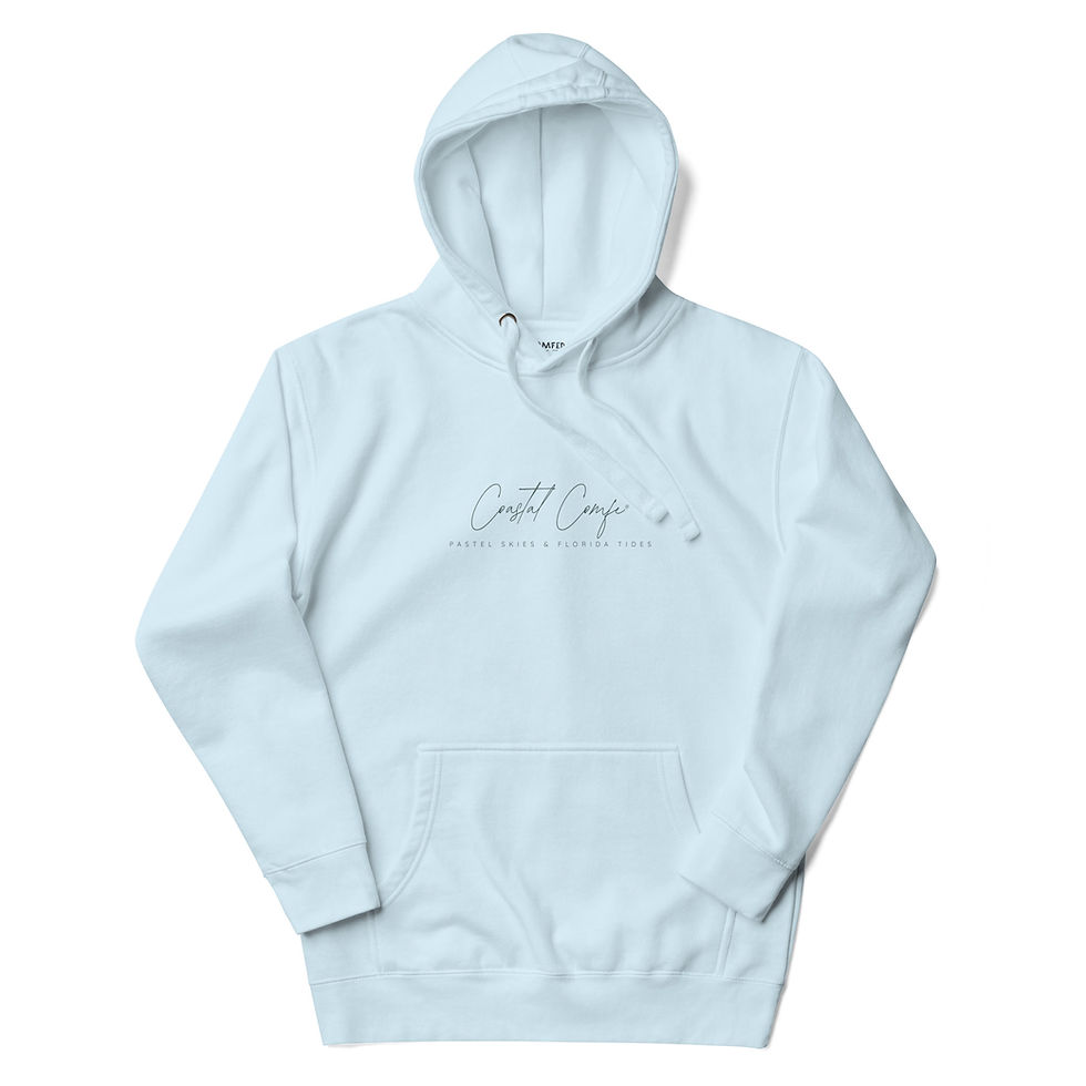 Premium pullover hoodie with cotton face, pouch pocket, and structured hood in a relaxed coastal-inspired style.