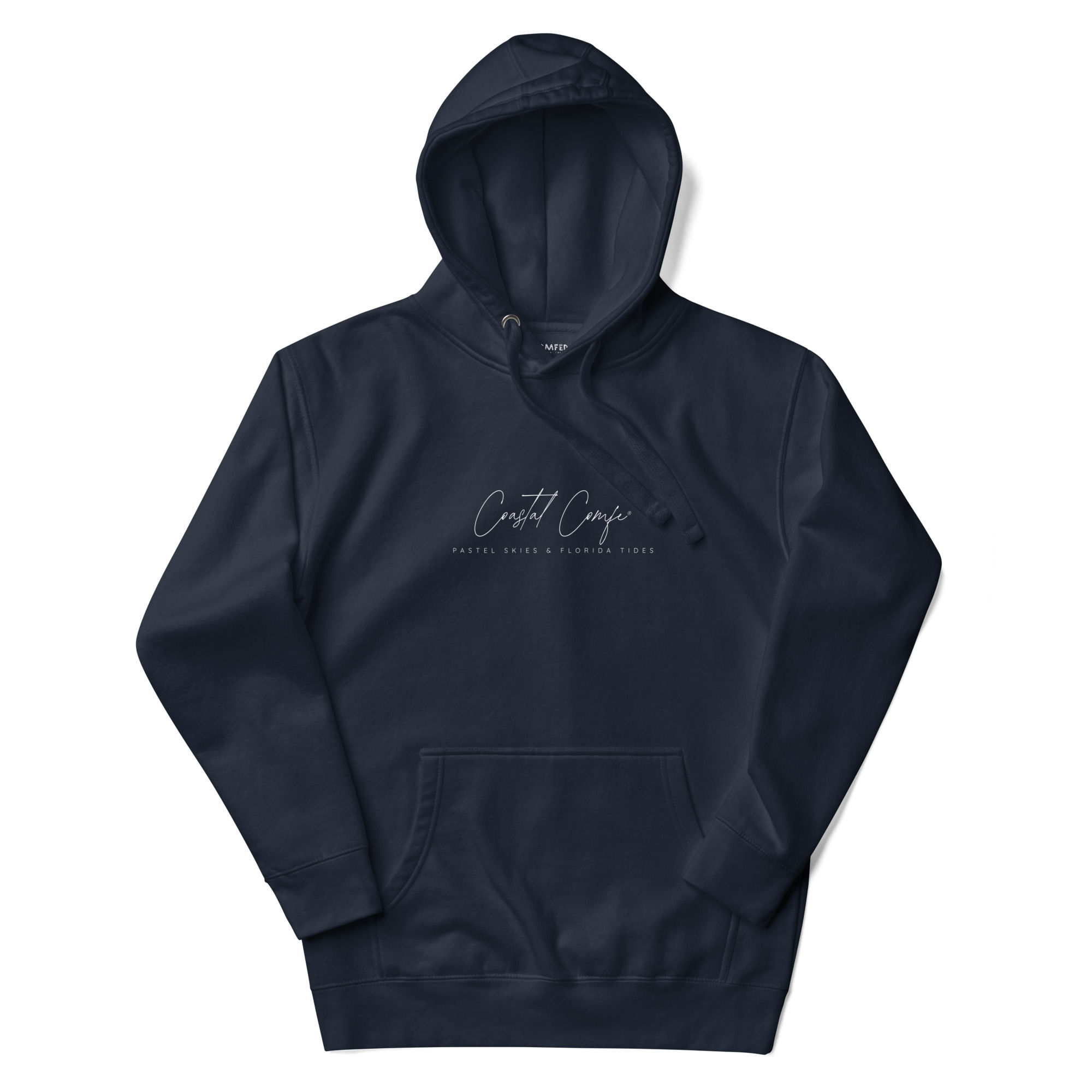 Premium pullover hoodie with cotton face, pouch pocket, and structured hood in a relaxed coastal-inspired style.