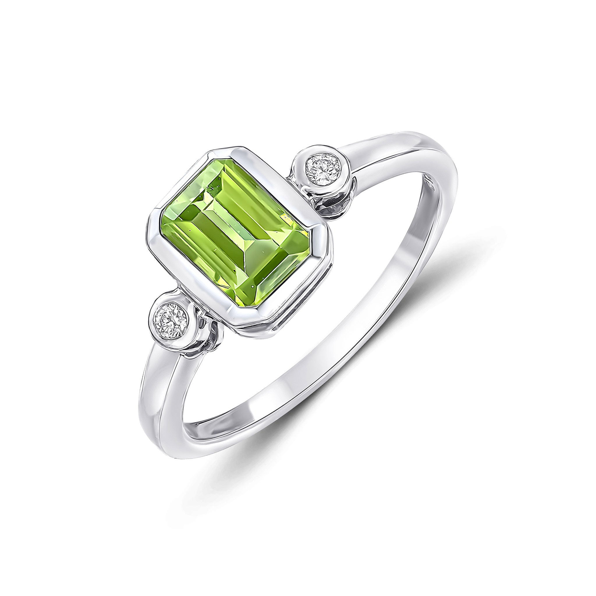 9ct White Gold Octagonal Peridot & Diamond Three Stone Ring