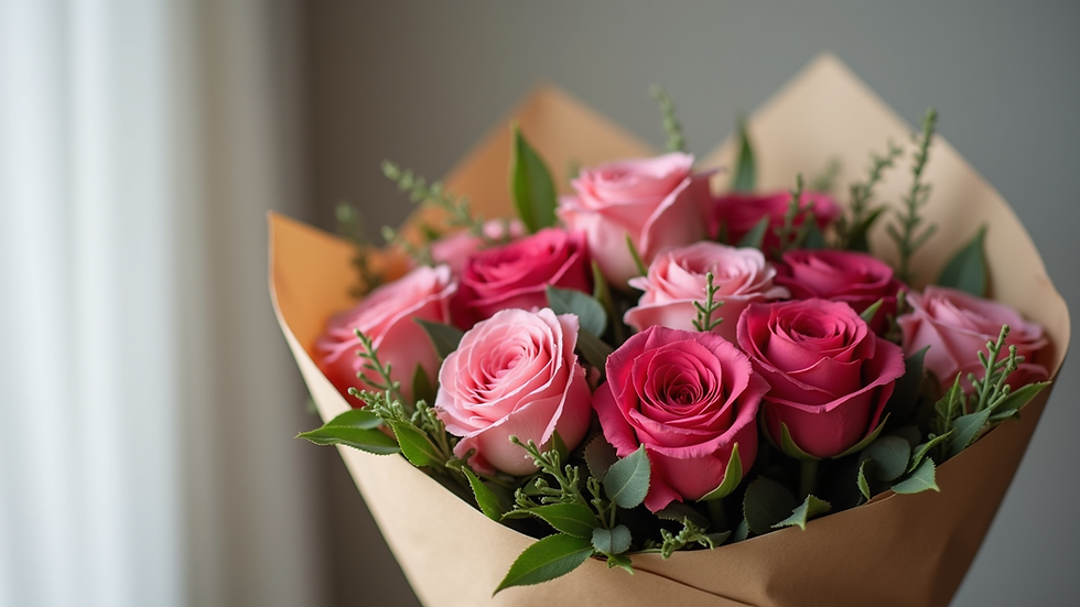 Close-up view of a beautifully wrapped flower bouquet ready for delivery