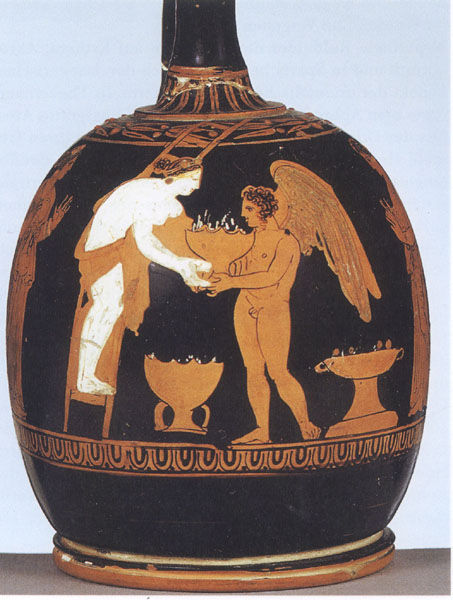 Ancient Greek vase with a winged figure and a man exchanging a bowl. Black and orange hues with geometric patterns.