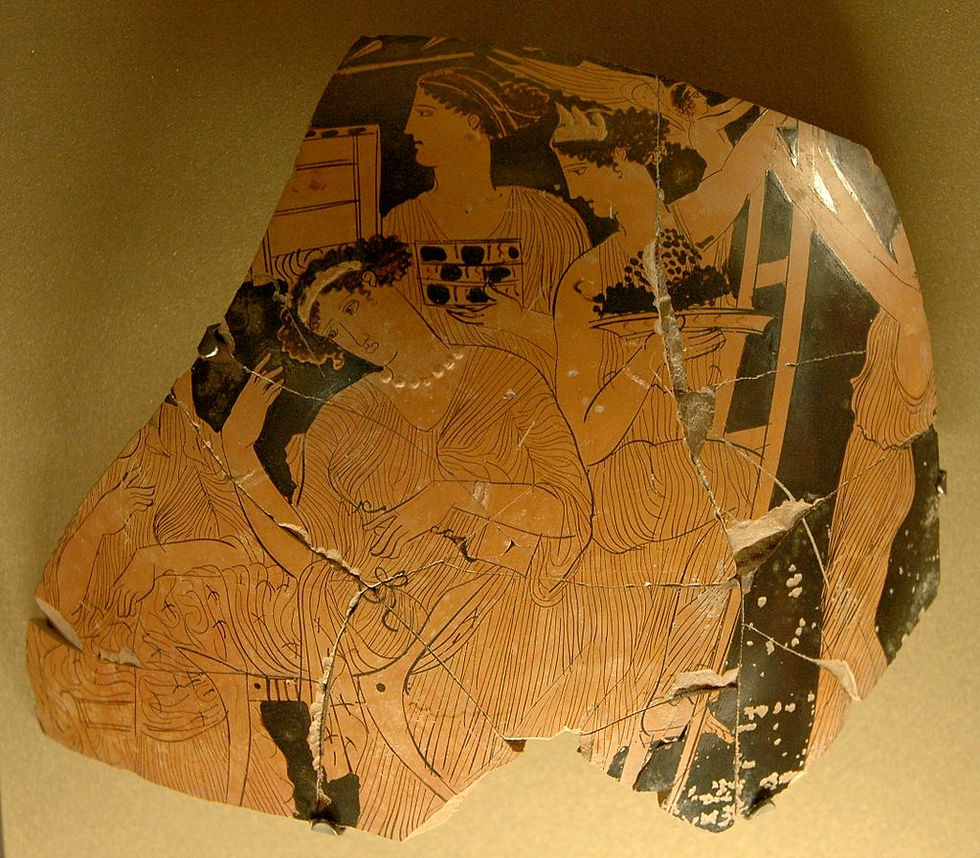 Ancient Greek pottery shard with painted women in flowing garments, one holding a dish of grapes. The art is detailed, in earthy tones.