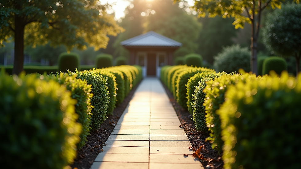 High angle view of a well-lit garden pathway with trimmed bushes