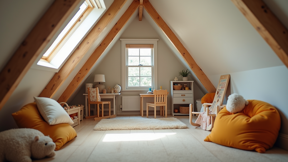 Eye-level view of a playful attic converted into a kids' playroom