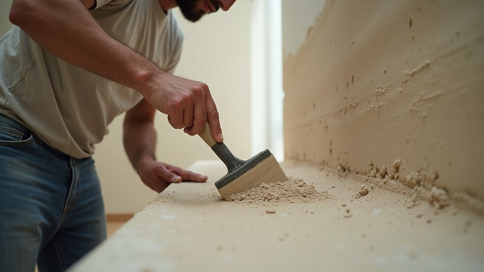 Eye-level view of a craftsman applying lime plaster on a wall