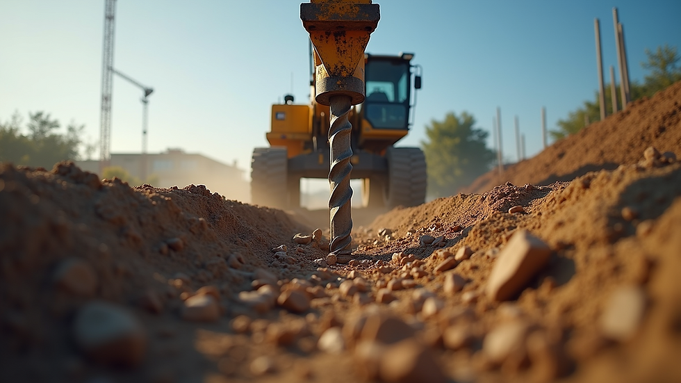 Eye-level view of a piling rig drilling into the ground at a construction site