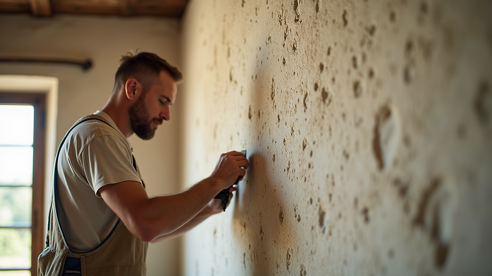 Close-up view of a craftsman applying lime plaster on a historic wall