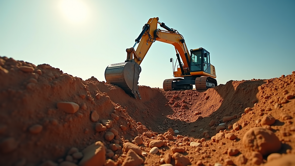Wide angle view of an excavator digging a foundation trench