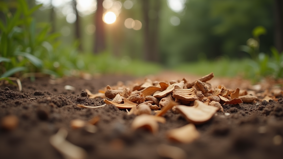 Close-up view of wood chips spread on garden soil