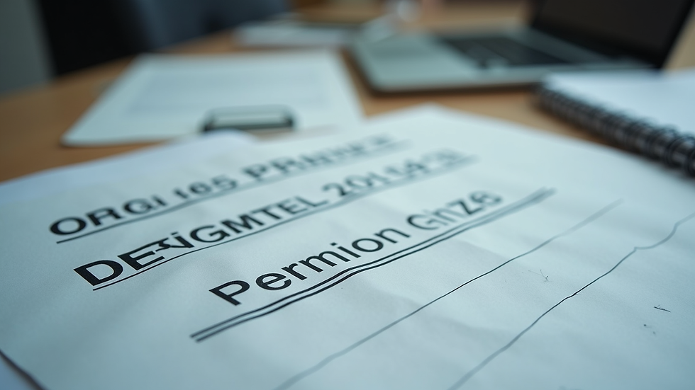 Close-up view of official documents and permits on a desk