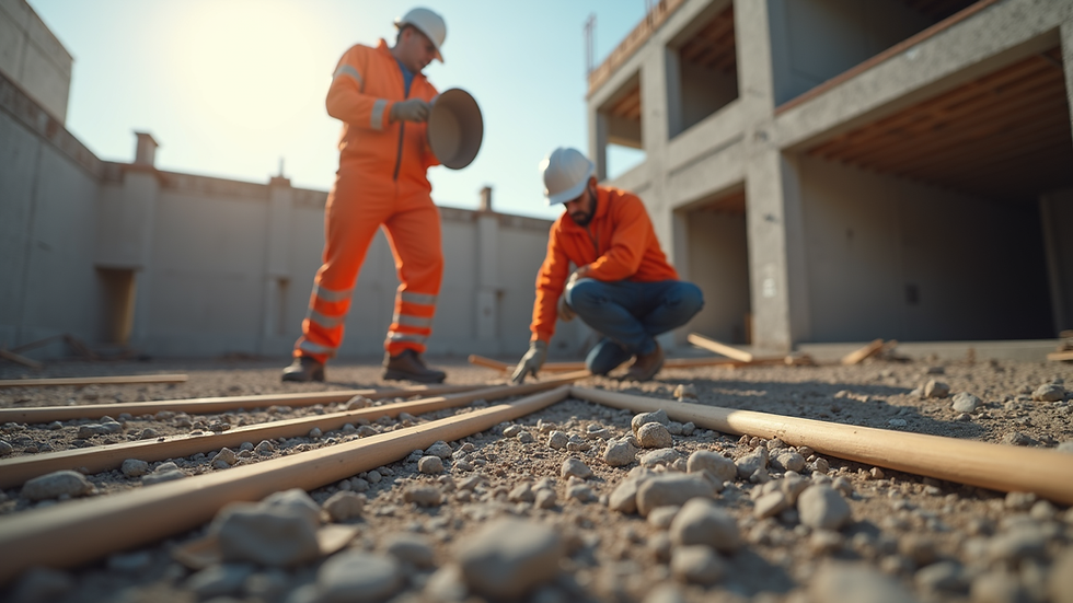 Eye-level view of a construction site with workers inspecting building materials