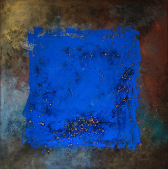 Peinture abstraite de la série « carré bleu » de l'artiste peintre française Anne Batai.