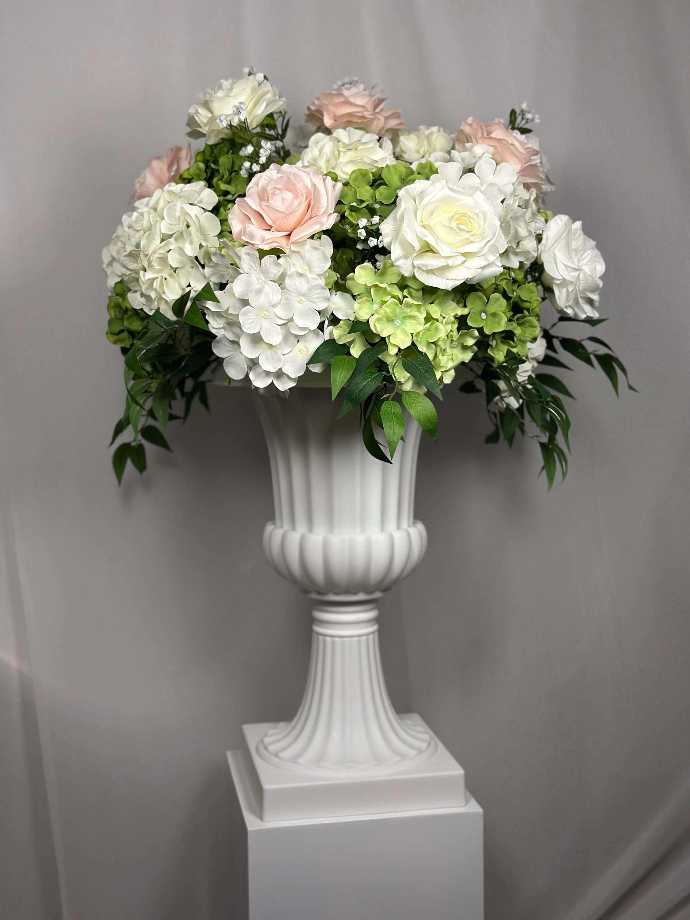 White Blush Hydrangea Rose Urn Arrangement | Silk Floral Ceremony Centerpiece