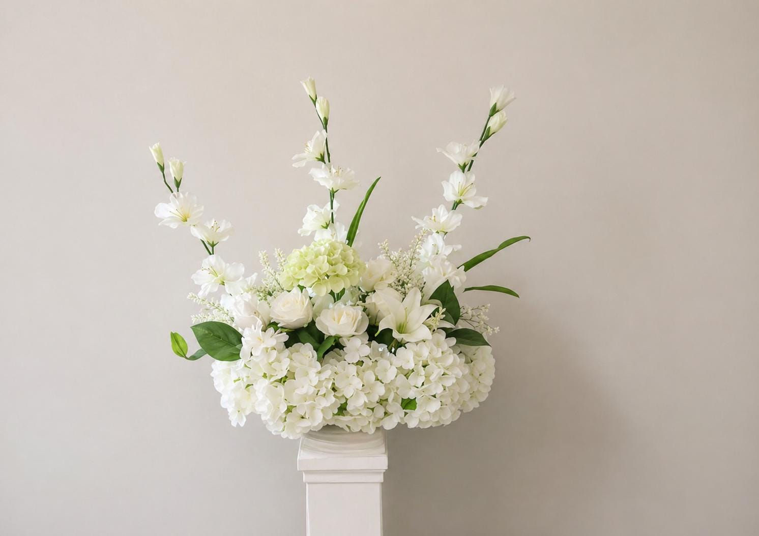 White Wedding Floral Arrangement, Aisle Marker or Centerpiece, Silk Hydrangea &