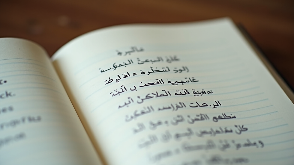 Eye-level view of a notebook with Arabic vocabulary words