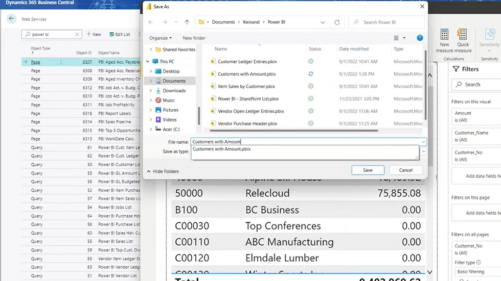 A screenshot showing how to add a new Power BI report to Microsoft Dynamics 365 Business Central.