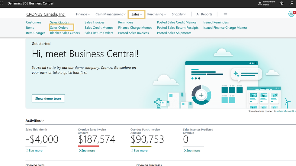 Dashboard screenshot of Dynamics 365 Business Centra home screen.