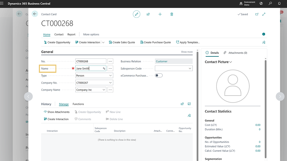 Dynamics 365 Business Central contact card with customer details and contact stats panel.