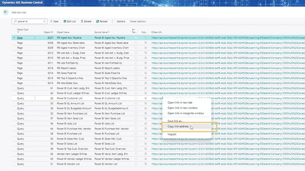 A screenshot showing how to add a new Power BI report to Microsoft Dynamics 365 Business Central.