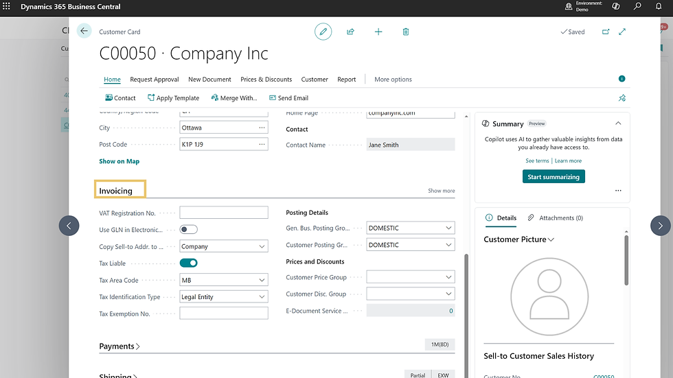 Dynamics 365 Business Central customer card for Company Inc, showing invoicing section.
